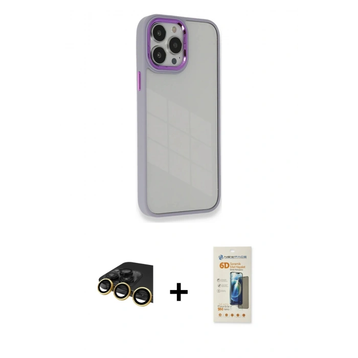 MARSİLYAN™- iPhone 14 Pro Kılıf Eksen Doku Prime - Siyah 6D Mat Seramik Hayalet Nano Ekran Koruyucu + Gold Raze Metal Kamera Lens