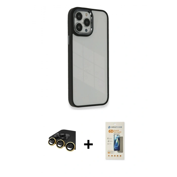 MARSİLYAN™- iPhone 14 Pro Kılıf Eksen Doku Prime - Siyah 6D Mat Seramik Hayalet Nano Ekran Koruyucu + Gold Raze Metal Kamera Lens