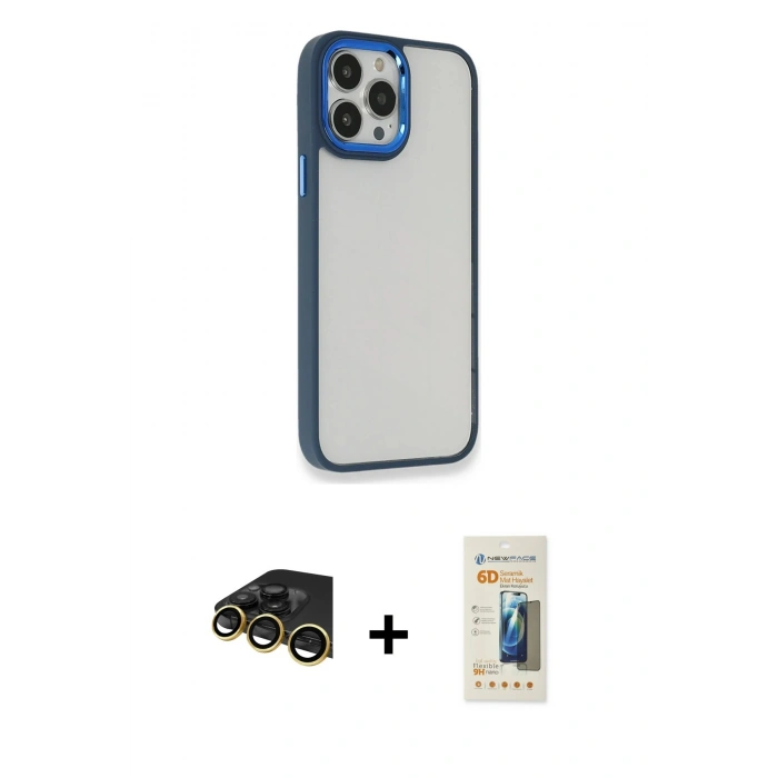 MARSİLYAN™- iPhone 14 Pro Kılıf Eksen Doku Prime - Siyah 6D Mat Seramik Hayalet Nano Ekran Koruyucu + Gold Raze Metal Kamera Lens