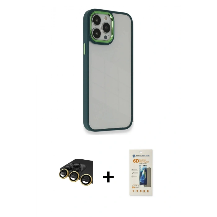 MARSİLYAN™- iPhone 14 Pro Kılıf Eksen Doku Prime - Siyah 6D Mat Seramik Hayalet Nano Ekran Koruyucu + Gold Raze Metal Kamera Lens