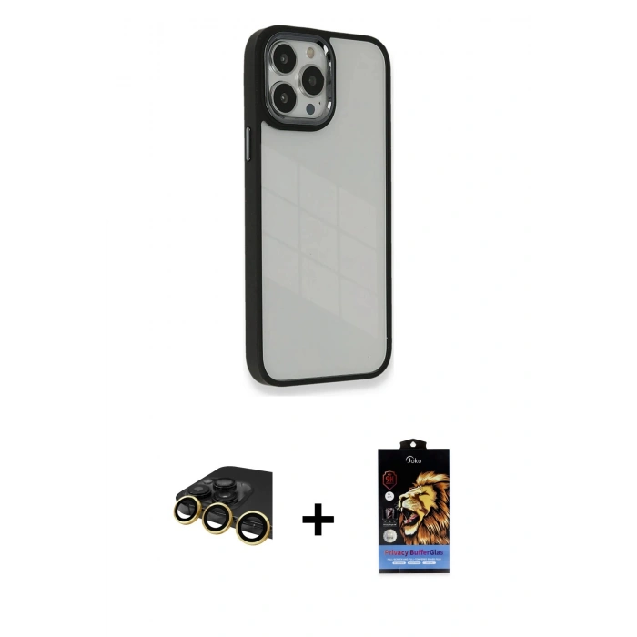MARSİLYAN™- iPhone 14 Pro Kılıf Eksen Doku Prime - Siyah Buffer Hayalet Cam Ekran Koruyucu + Raze Metal Kamera Lens - GD