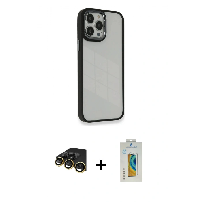 MARSİLYAN™- iPhone 14 Pro Kılıf Eksen Doku Prime - Siyah Polymer Nano Ekran Koruyucu + Raze Metal Kamera Lens - GD
