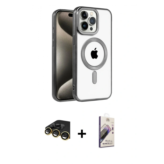 MARSİLYAN™- iPhone 14 Pro Kılıf Eksen Form Koleksiyonu - Siyah Bilvis 3D Mat Cam Ekran Koruyucu + Raze Metal Kamera Lens - GD