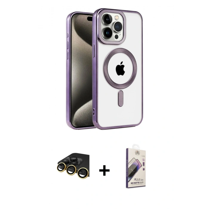 MARSİLYAN™- iPhone 14 Pro Kılıf Eksen Form Koleksiyonu - Siyah Bilvis 3D Mat Cam Ekran Koruyucu + Raze Metal Kamera Lens - GD
