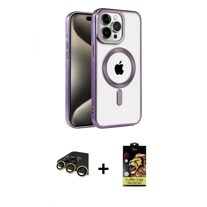 MARSİLYAN™- iPhone 14 Pro Kılıf Eksen Form Koleksiyonu - Siyah Buffer Cam Ekran Koruyucu + Raze Metal Kamera Lens - GD