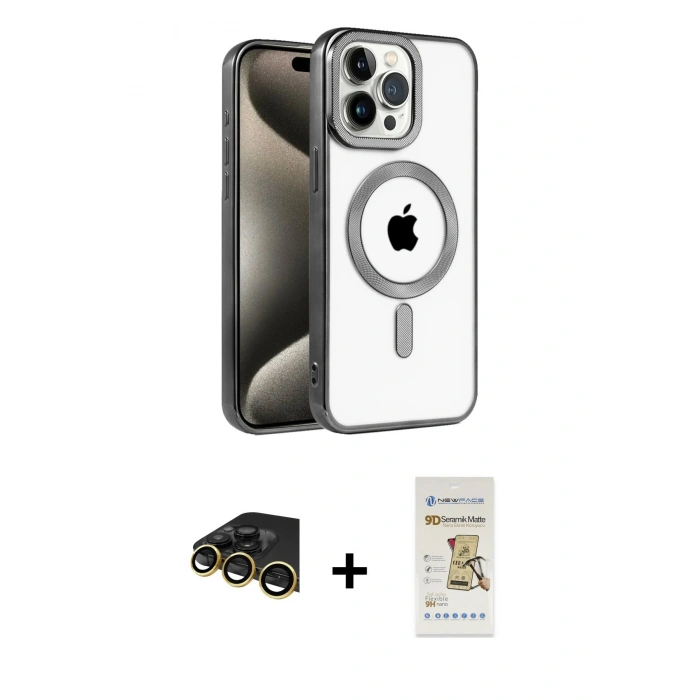 MARSİLYAN™- iPhone 14 Pro Kılıf Eksen Form Koleksiyonu - Siyah Mat Seramik Nano Ekran Koruyucu + Raze Metal Kamera Lens - GD