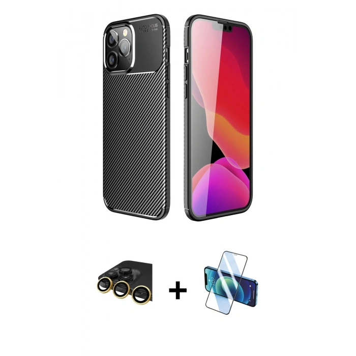 MARSİLYAN™- iPhone 14 Pro Kılıf Eksen Form Prime - Siyah 3D Antistatik Cam Ekran Koruyucu + Raze Metal Kamera Lens - GD