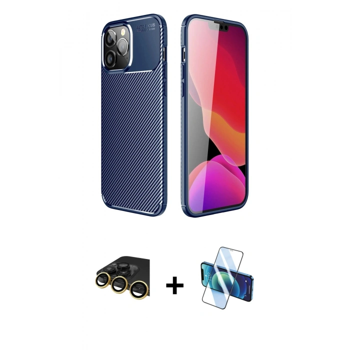 MARSİLYAN™- iPhone 14 Pro Kılıf Eksen Form Prime - Siyah 3D Antistatik Cam Ekran Koruyucu + Raze Metal Kamera Lens - GD