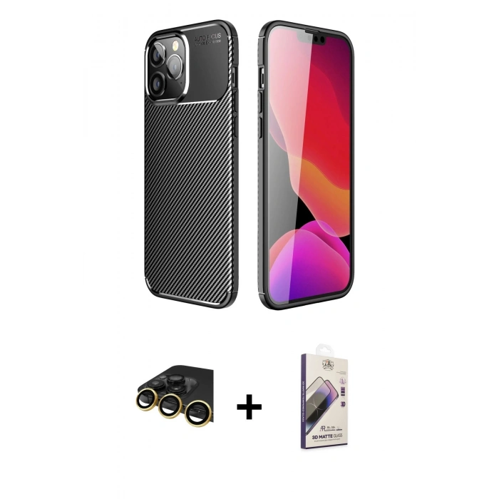 MARSİLYAN™- iPhone 14 Pro Kılıf Eksen Form Prime - Siyah Bilvis 3D Mat Cam Ekran Koruyucu + Gold Raze Metal Kamera Lens