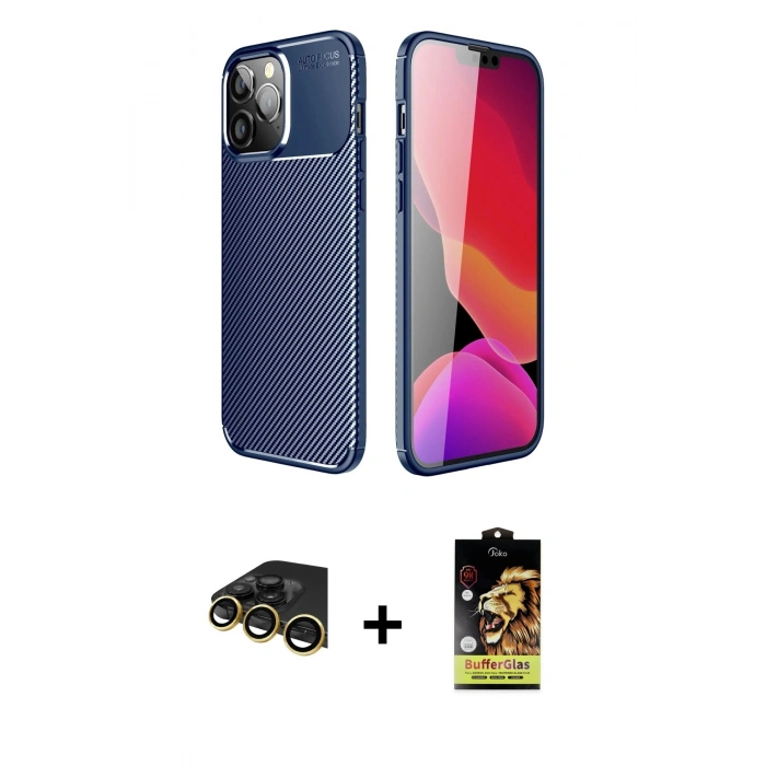 MARSİLYAN™- iPhone 14 Pro Kılıf Eksen Form Prime - Siyah Buffer Cam Ekran Koruyucu + Gold Raze Metal Kamera Lens