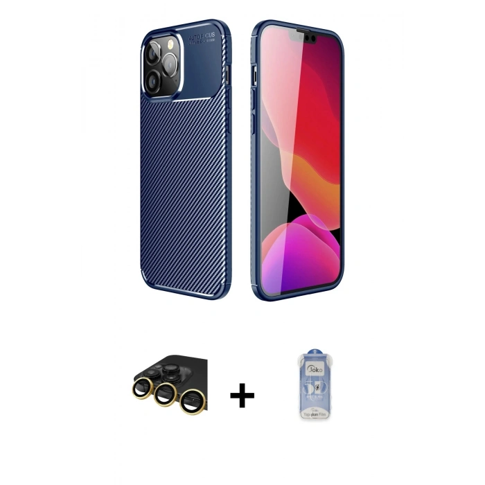 MARSİLYAN™- iPhone 14 Pro Kılıf Eksen Form Prime - Siyah Joko Magic 5D Cam + Gold Raze Metal Kamera Lens