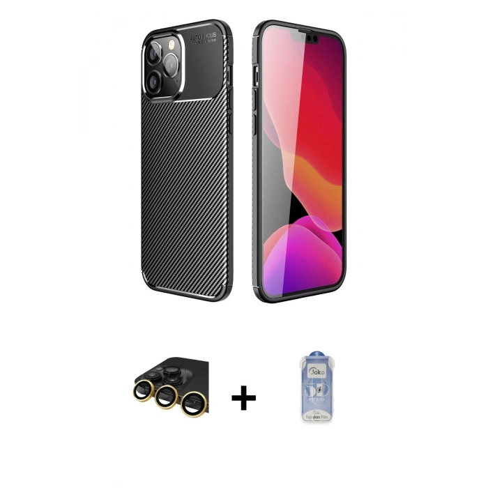 MARSİLYAN™- iPhone 14 Pro Kılıf Eksen Form Prime - Siyah Joko Magic 5D Cam + Gold Raze Metal Kamera Lens