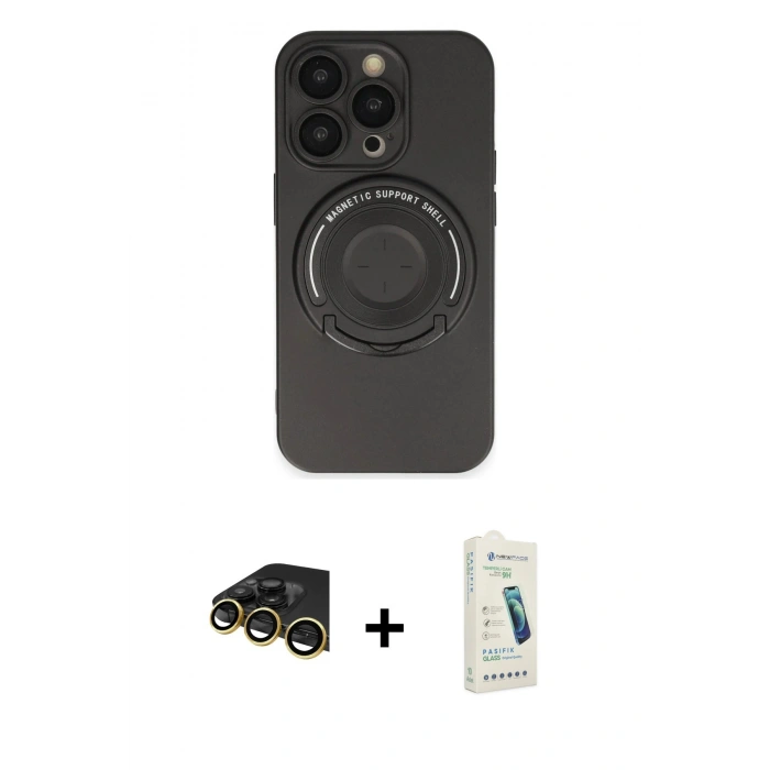 MARSİLYAN™- iPhone 14 Pro Kılıf Eksen Klasik Prime - Şeffaf Pasifik Cam Ekran Koruyucu + Raze Metal Kamera Lens - GD