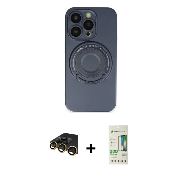 MARSİLYAN™- iPhone 14 Pro Kılıf Eksen Klasik Prime - Siyah 20D Premium Cam Ekran Koruyucu + Raze Metal Kamera Lens - GD