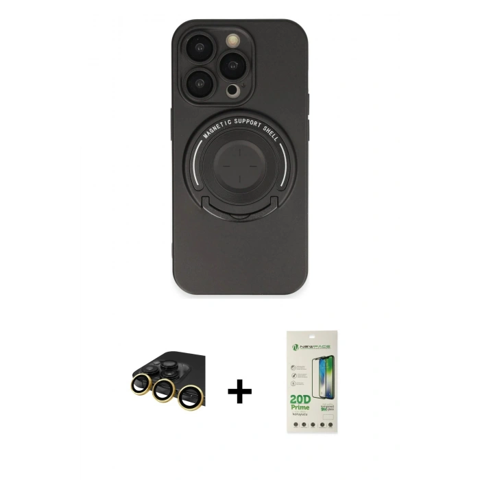 MARSİLYAN™- iPhone 14 Pro Kılıf Eksen Klasik Prime - Siyah 20D Premium Cam Ekran Koruyucu + Raze Metal Kamera Lens - GD
