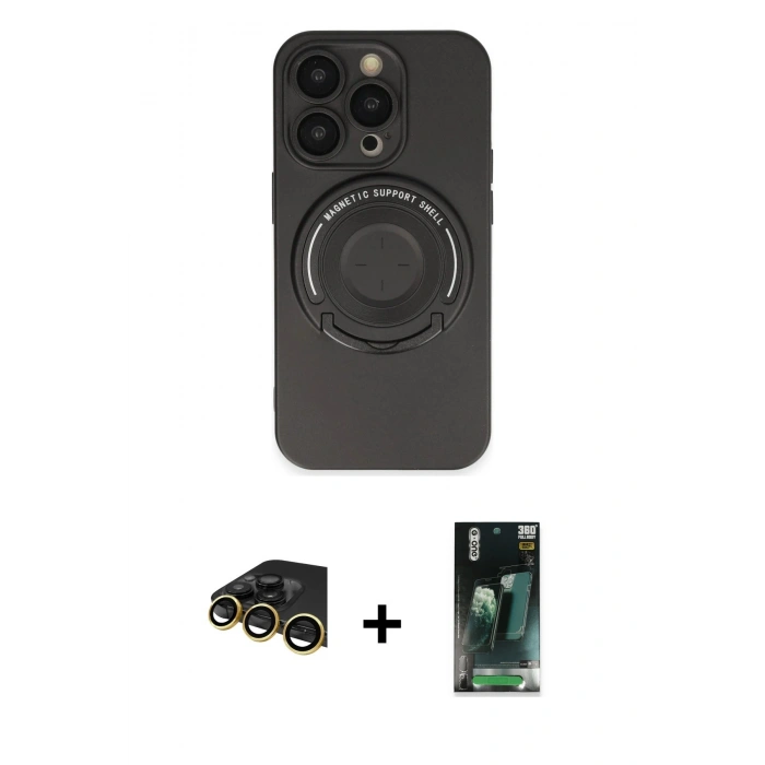 MARSİLYAN™- iPhone 14 Pro Kılıf Eksen Klasik Prime - Siyah 360 Mat Full Body Arka Koruyucu + Gold Raze Metal Kamera Lens