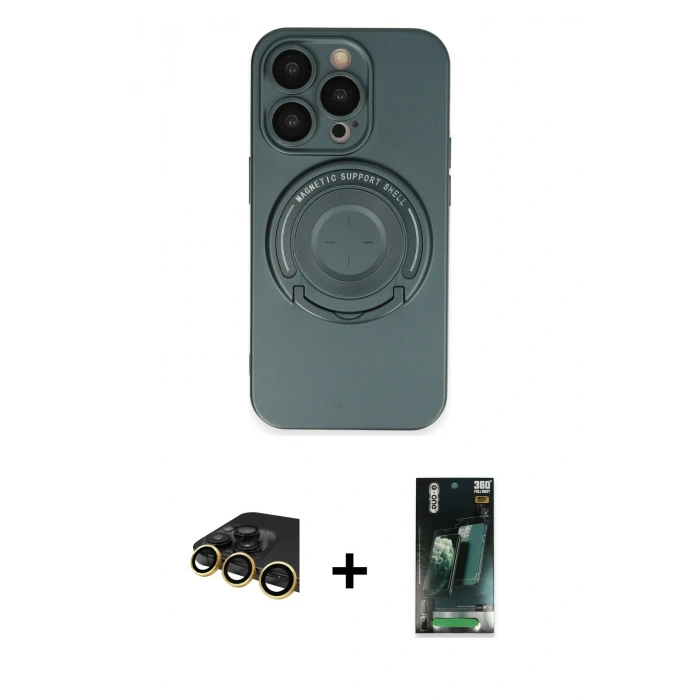 MARSİLYAN™- iPhone 14 Pro Kılıf Eksen Klasik Prime - Siyah 360 Mat Full Body Arka Koruyucu + Gold Raze Metal Kamera Lens