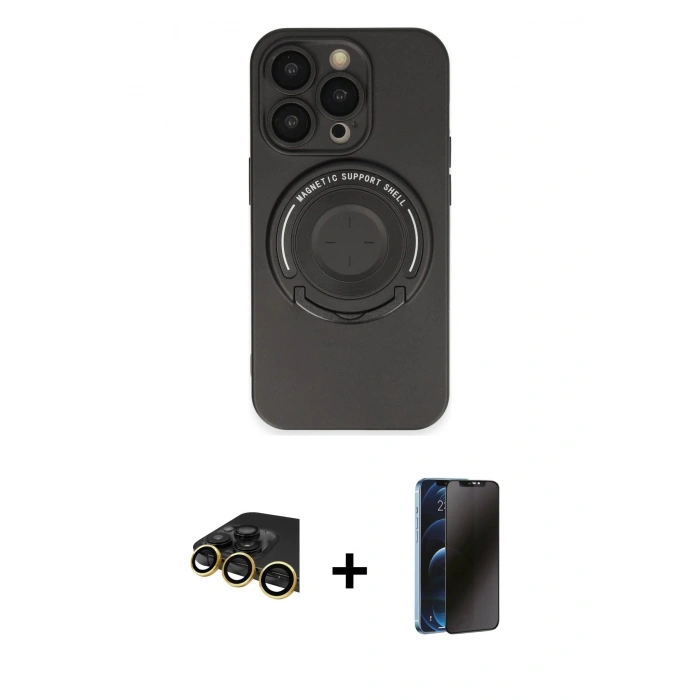 MARSİLYAN™- iPhone 14 Pro Kılıf Eksen Klasik Prime - Siyah 3D Antistatik Hayalet Cam Ekran Koruyucu + Raze Metal Kamera Lens - GD