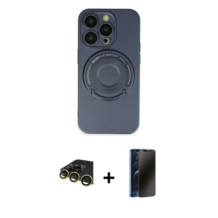 MARSİLYAN™- iPhone 14 Pro Kılıf Eksen Klasik Prime - Siyah 3D Antistatik Hayalet Cam Ekran Koruyucu + Raze Metal Kamera Lens - GD