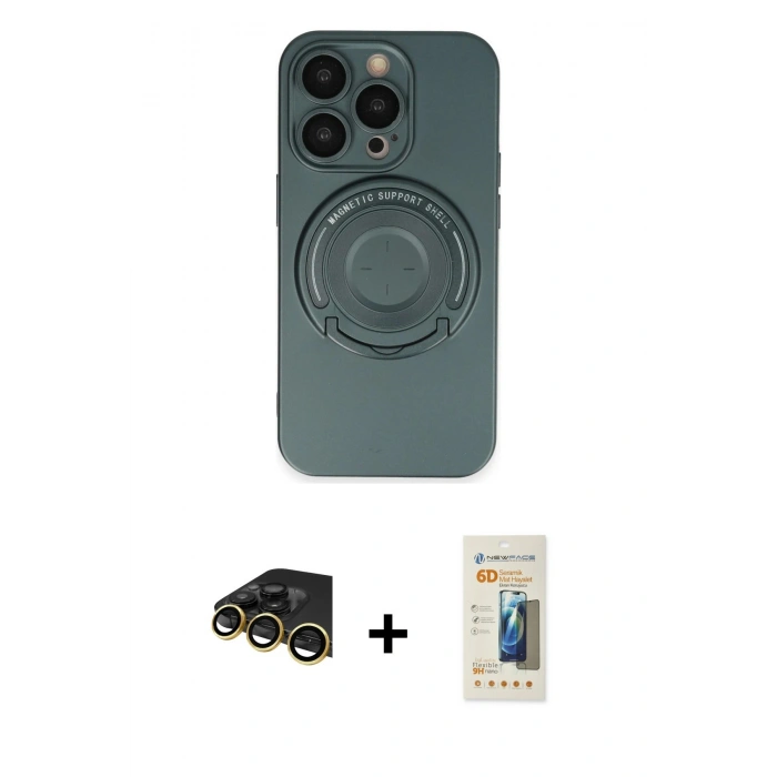 MARSİLYAN™- iPhone 14 Pro Kılıf Eksen Klasik Prime - Siyah 6D Mat Seramik Hayalet Nano Ekran Koruyucu + Raze Metal Kamera Lens - GD