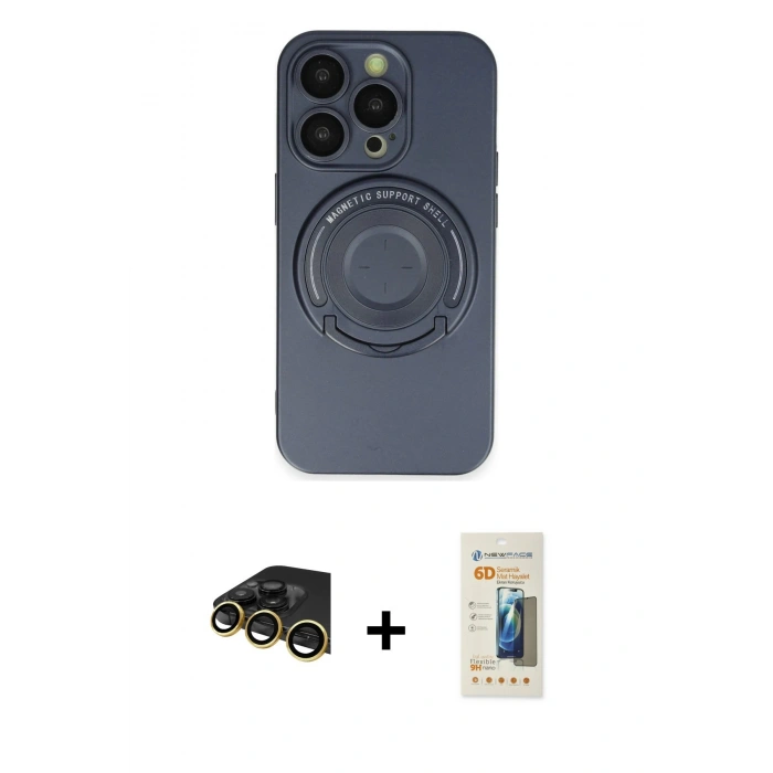 MARSİLYAN™- iPhone 14 Pro Kılıf Eksen Klasik Prime - Siyah 6D Mat Seramik Hayalet Nano Ekran Koruyucu + Raze Metal Kamera Lens - GD
