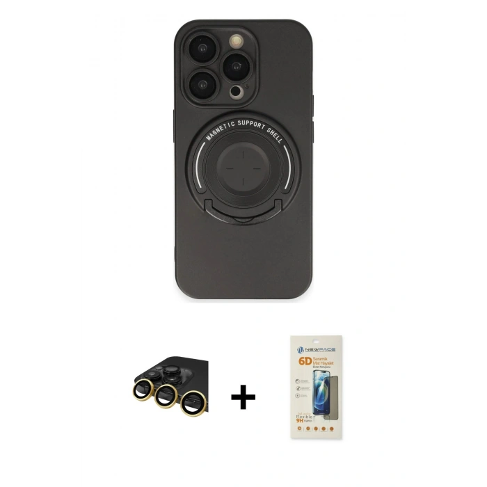 MARSİLYAN™- iPhone 14 Pro Kılıf Eksen Klasik Prime - Siyah 6D Mat Seramik Hayalet Nano Ekran Koruyucu + Raze Metal Kamera Lens - GD