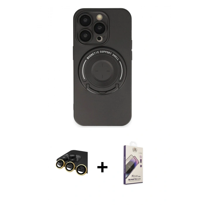 MARSİLYAN™- iPhone 14 Pro Kılıf Eksen Klasik Prime - Siyah Bilvis 3D Mat Cam Ekran Koruyucu + Raze Metal Kamera Lens - GD