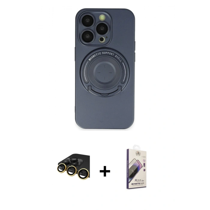 MARSİLYAN™- iPhone 14 Pro Kılıf Eksen Klasik Prime - Siyah Bilvis 3D Mat Cam Ekran Koruyucu + Raze Metal Kamera Lens - GD