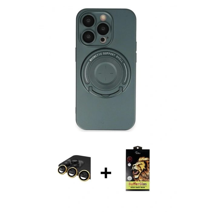 MARSİLYAN™- iPhone 14 Pro Kılıf Eksen Klasik Prime - Siyah Buffer Cam Ekran Koruyucu + Raze Metal Kamera Lens - GD