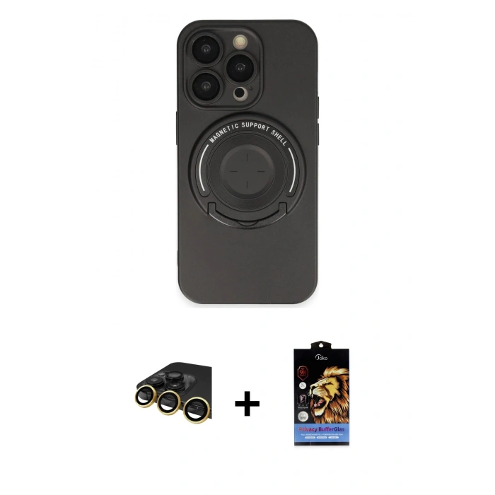 MARSİLYAN™- iPhone 14 Pro Kılıf Eksen Klasik Prime - Siyah Buffer Hayalet Cam Ekran Koruyucu + Raze Metal Kamera Lens - GD