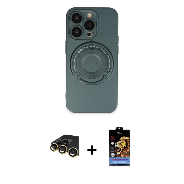 MARSİLYAN™- iPhone 14 Pro Kılıf Eksen Klasik Prime - Siyah Buffer Hayalet Cam Ekran Koruyucu + Raze Metal Kamera Lens - GD