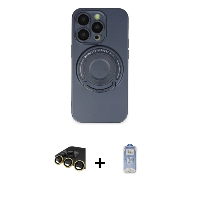 MARSİLYAN™- iPhone 14 Pro Kılıf Eksen Klasik Prime - Siyah Joko Magic 5D Cam + Gold Raze Metal Kamera Lens