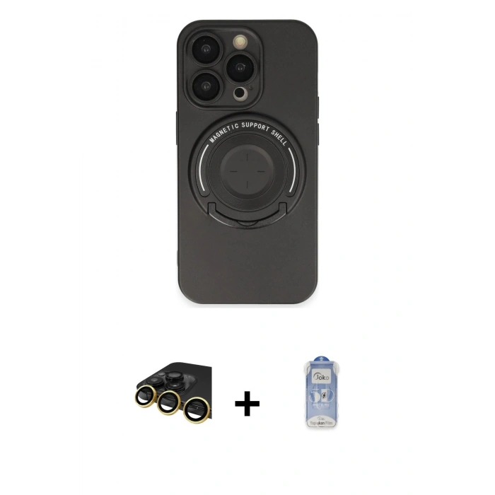 MARSİLYAN™- iPhone 14 Pro Kılıf Eksen Klasik Prime - Siyah Joko Magic 5D Cam + Gold Raze Metal Kamera Lens