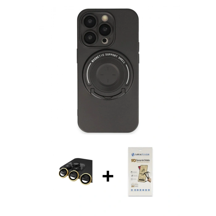 MARSİLYAN™- iPhone 14 Pro Kılıf Eksen Klasik Prime - Siyah Mat Seramik Nano Ekran Koruyucu + Raze Metal Kamera Lens - GD
