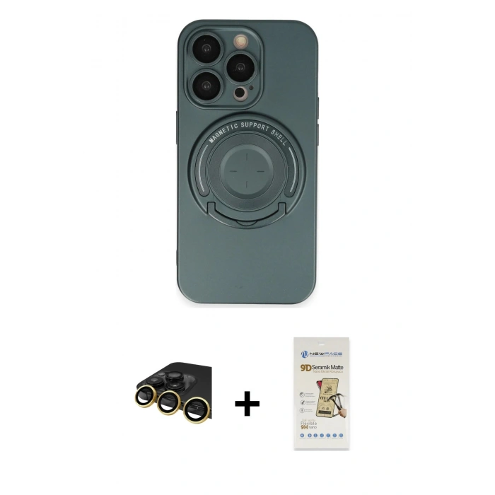 MARSİLYAN™- iPhone 14 Pro Kılıf Eksen Klasik Prime - Siyah Mat Seramik Nano Ekran Koruyucu + Raze Metal Kamera Lens - GD