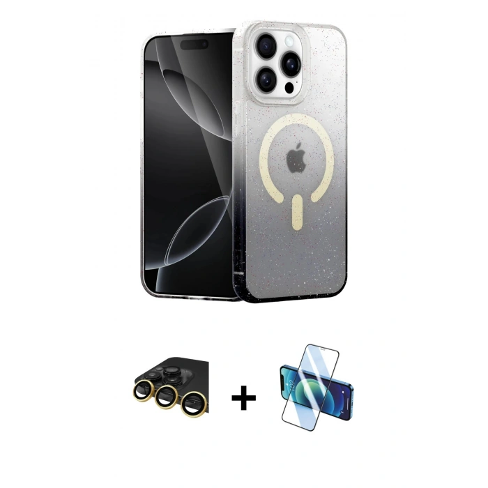 MARSİLYAN™- iPhone 14 Pro Kılıf Eksen Minimal Özel Seri - Siyah 3D Antistatik Cam Ekran Koruyucu + Raze Metal Kamera Lens - GD