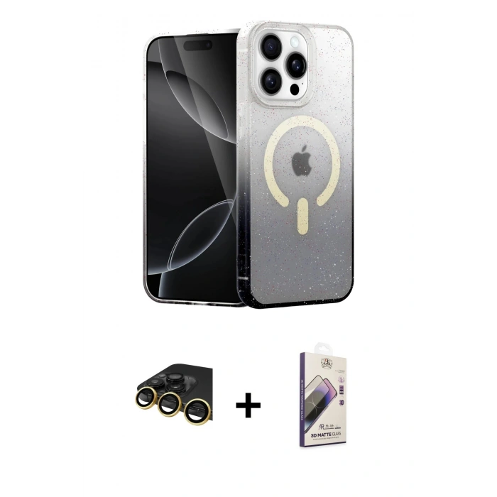MARSİLYAN™- iPhone 14 Pro Kılıf Eksen Minimal Özel Seri - Siyah Bilvis 3D Mat Cam Ekran Koruyucu + Raze Metal Kamera Lens - GD