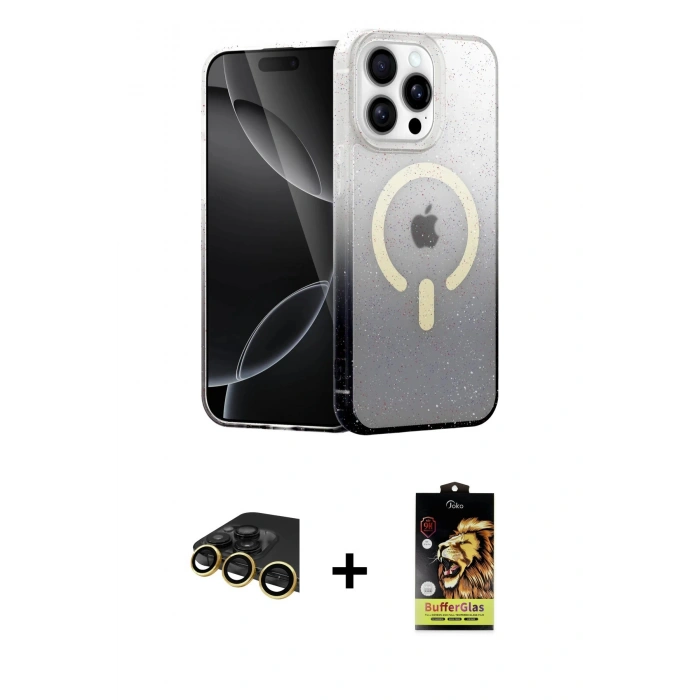 MARSİLYAN™- iPhone 14 Pro Kılıf Eksen Minimal Özel Seri - Siyah Buffer Cam Ekran Koruyucu + Raze Metal Kamera Lens - GD
