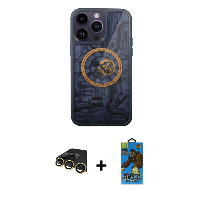 MARSİLYAN™- iPhone 14 Pro Kılıf İz Form - Siyah 18D Cam Ekran Koruyucu + Raze Metal Kamera Lens - GD