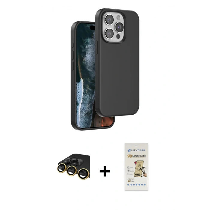 MARSİLYAN™- iPhone 14 Pro Kılıf Kıvılcım Çizgi Serisi - Siyah Mat Seramik Nano Ekran Koruyucu + Raze Metal Kamera Lens - GD