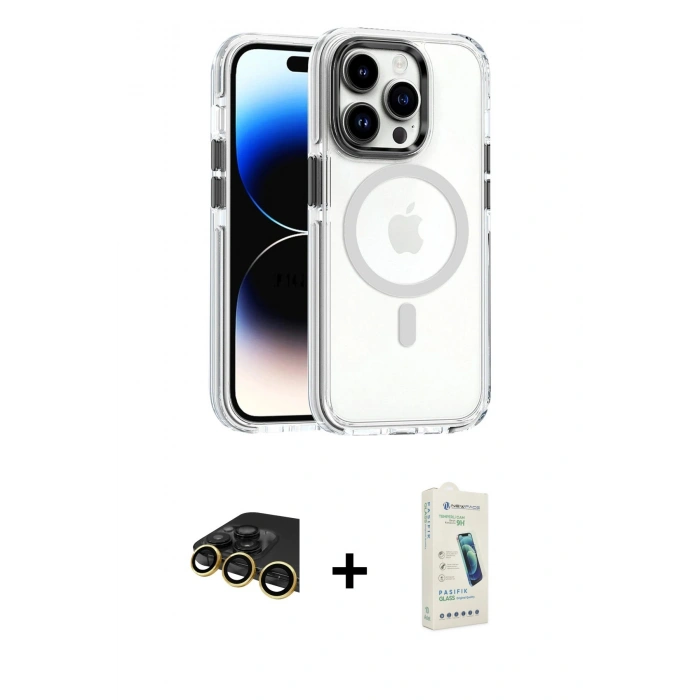 MARSİLYAN™- iPhone 14 Pro Kılıf Kozmos Doku Koleksiyonu - Şeffaf Pasifik Cam Ekran Koruyucu + Raze Metal Kamera Lens - GD