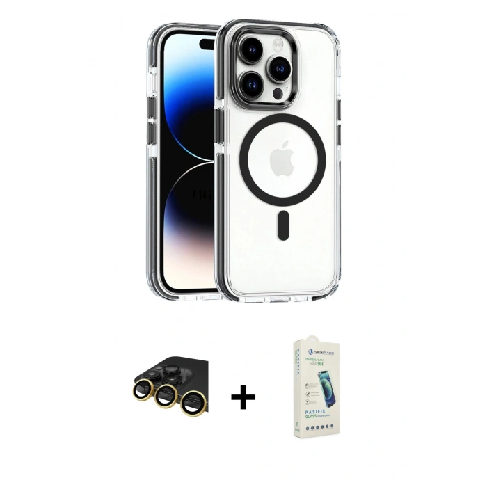 MARSİLYAN™- iPhone 14 Pro Kılıf Kozmos Doku Koleksiyonu - Şeffaf Pasifik Cam Ekran Koruyucu + Raze Metal Kamera Lens - GD