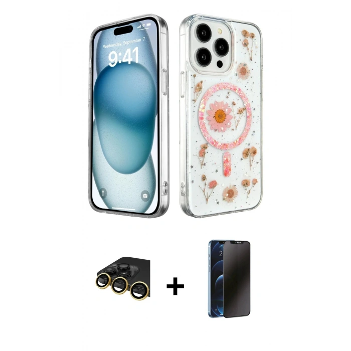 MARSİLYAN™- iPhone 14 Pro Kılıf Kozmos Doku - Siyah 3D Antistatik Hayalet Cam Ekran Koruyucu + Raze Metal Kamera Lens - GD