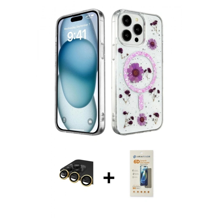 MARSİLYAN™- iPhone 14 Pro Kılıf Kozmos Doku - Siyah 6D Mat Seramik Hayalet Nano Ekran Koruyucu + Raze Metal Kamera Lens - GD