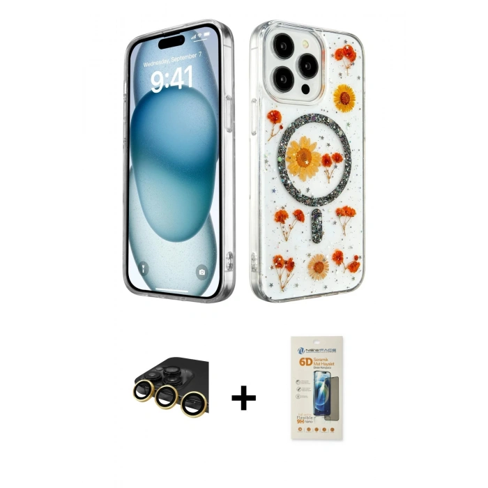 MARSİLYAN™- iPhone 14 Pro Kılıf Kozmos Doku - Siyah 6D Mat Seramik Hayalet Nano Ekran Koruyucu + Raze Metal Kamera Lens - GD