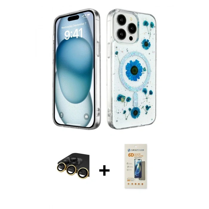 MARSİLYAN™- iPhone 14 Pro Kılıf Kozmos Doku - Siyah 6D Mat Seramik Hayalet Nano Ekran Koruyucu + Raze Metal Kamera Lens - GD