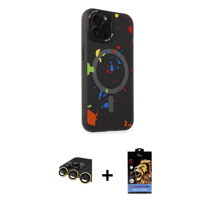 MARSİLYAN™- iPhone 14 Pro Kılıf Kozmos Doku - Siyah Buffer Hayalet Cam Ekran Koruyucu + Raze Metal Kamera Lens - GD