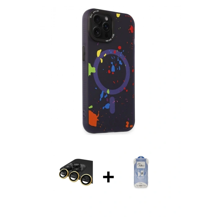 MARSİLYAN™- iPhone 14 Pro Kılıf Kozmos Doku - Siyah Joko Magic 5D Cam + Raze Metal Kamera Lens - GD