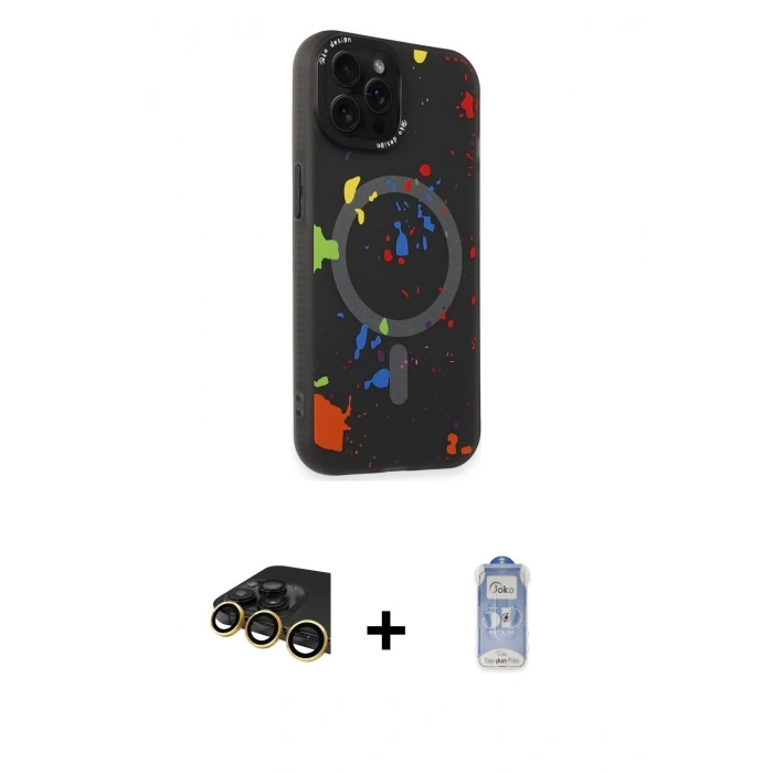 MARSİLYAN™- iPhone 14 Pro Kılıf Kozmos Doku - Siyah Joko Magic 5D Cam + Raze Metal Kamera Lens - GD