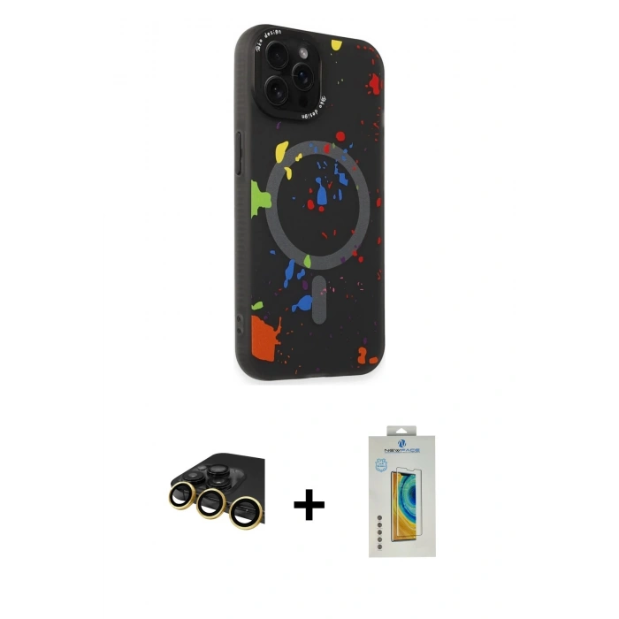 MARSİLYAN™- iPhone 14 Pro Kılıf Kozmos Doku - Siyah Polymer Nano Ekran Koruyucu + Raze Metal Kamera Lens - GD